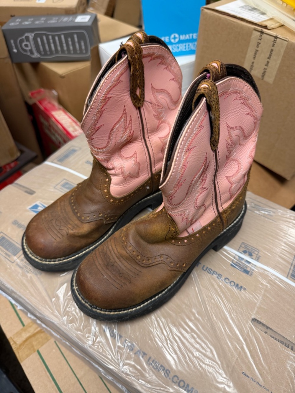 Justin Boots Brown Leather Ankle Booties with Pink Shaft